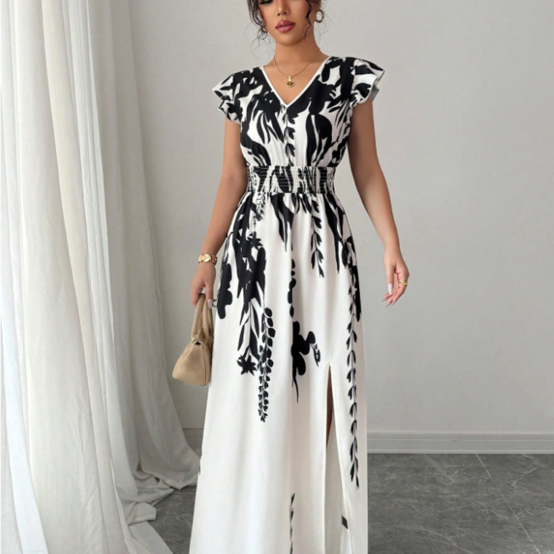 Smocked Dress Women - Plus Size Black White Floral Print