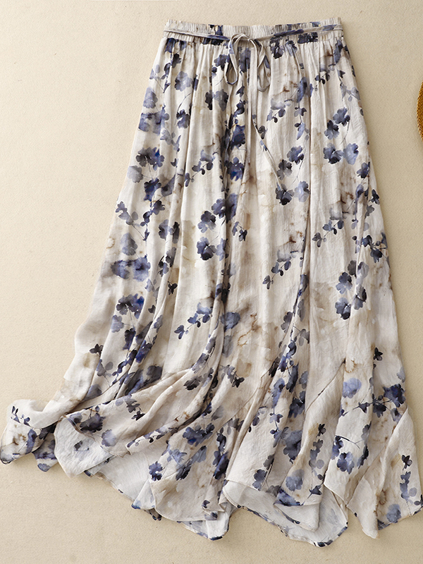 A-Line Skirt Midi - Floral A-Line Skirt Women's Elastic Waist