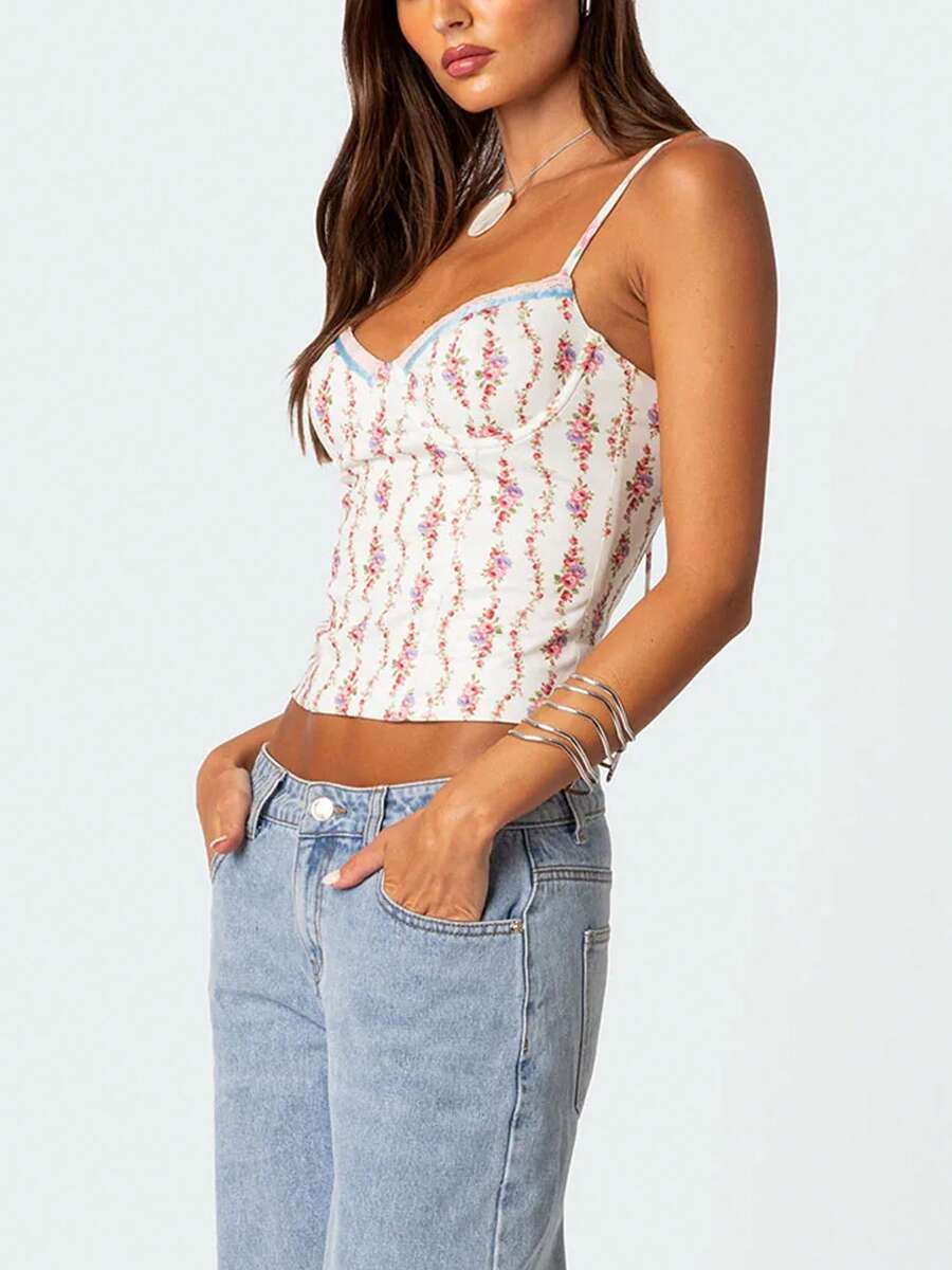 V Neck Cami Top - Women Floral Print Tie Strap V