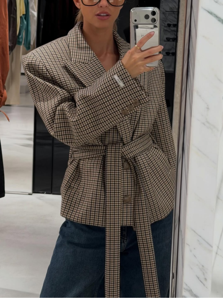 Blazer Women Oversized - High Notched Lapel Plaid Blazer Casual
