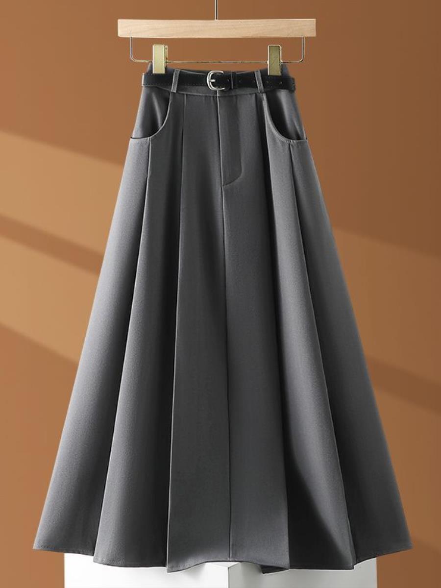 A-Line Skirt Midi - Gray Suit Style High Waist Slimming
