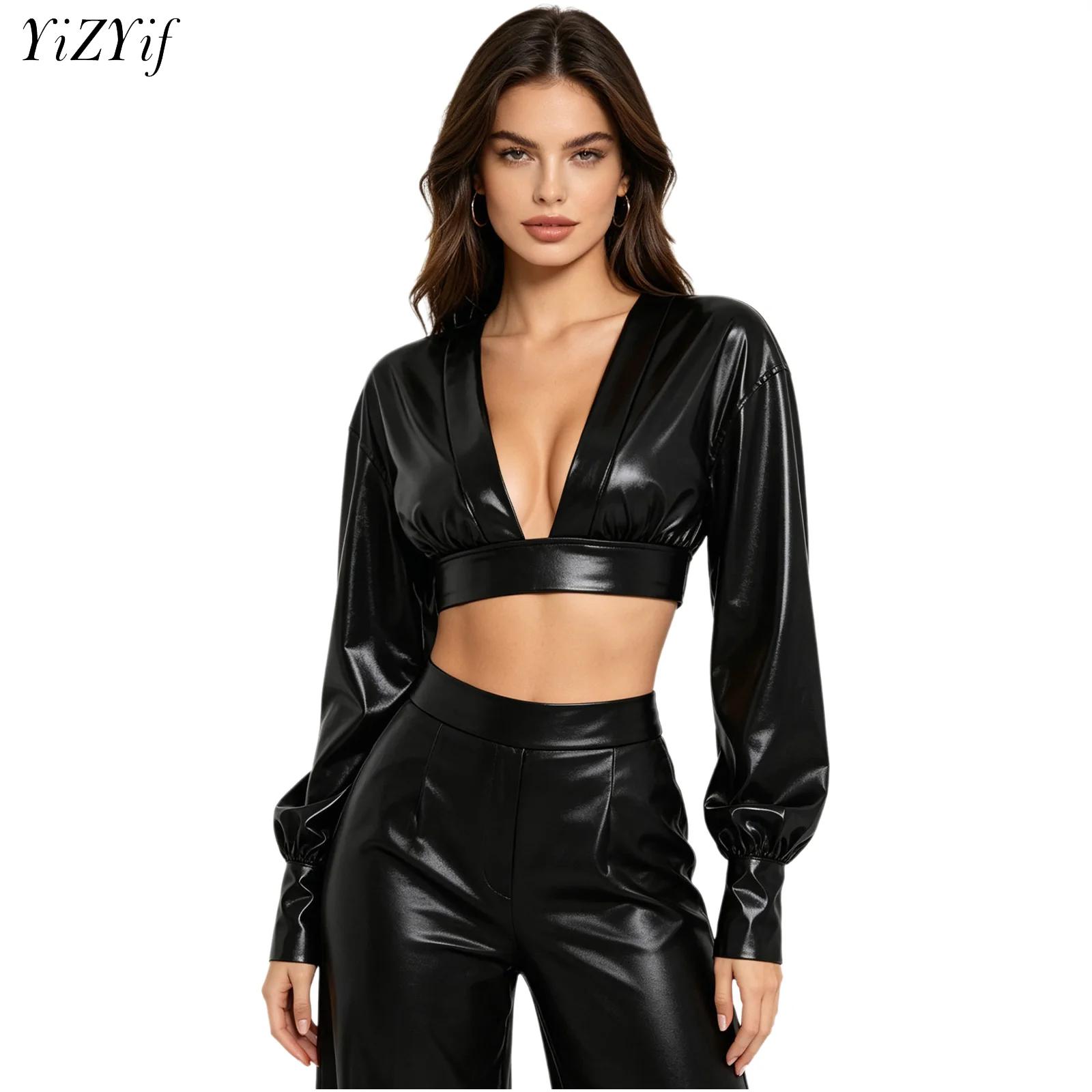 Women Top Fashion - Womens Y2K Metallic Shiny Hip Hop