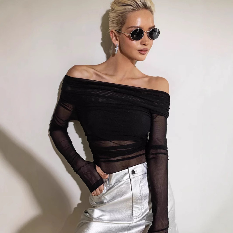 Women  Mesh Off Shoulder Top S - огляд і ціна Women Top Fashion