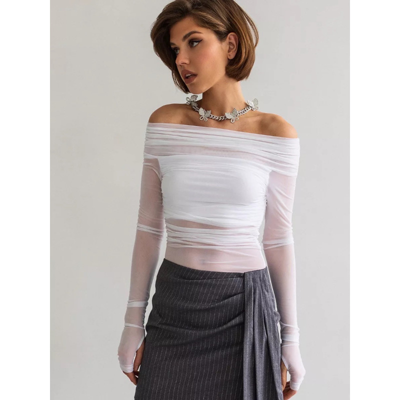 Women  Mesh Off Shoulder Top S - огляд і ціна Women Top Fashion