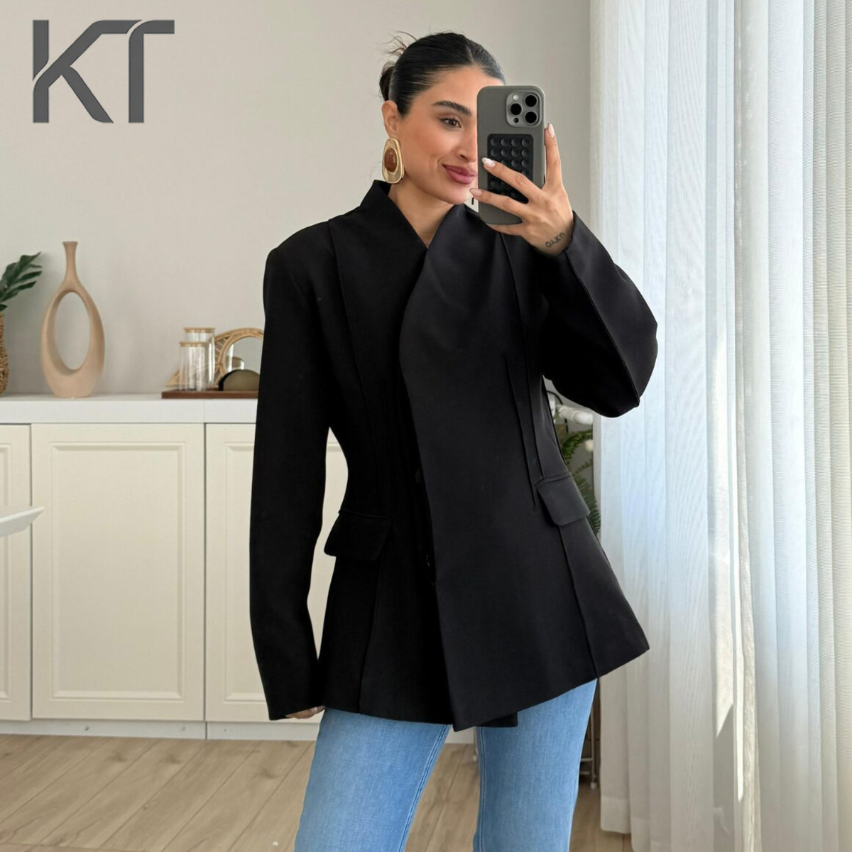 KT Brown Stand Collar Asymmetr - огляд і ціна Blazer Women Oversized