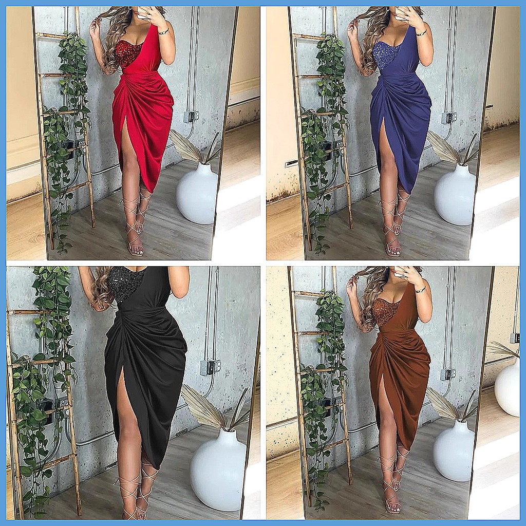 Sequin One Shoulder Slit Long  - огляд і ціна Smocked Dress Women