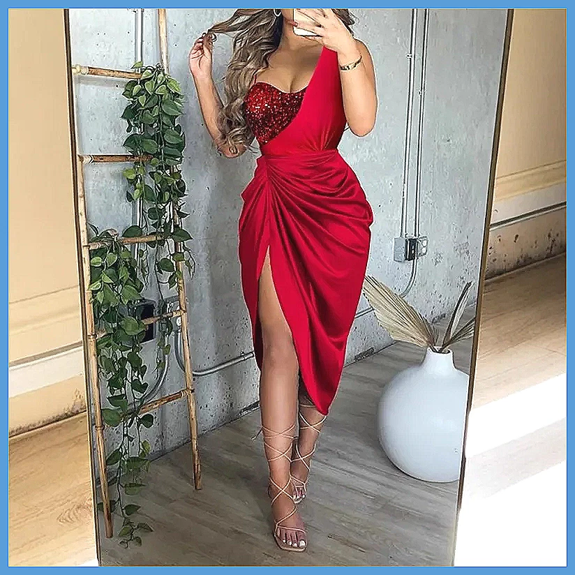 Sequin One Shoulder Slit Long  - огляд і ціна Smocked Dress Women