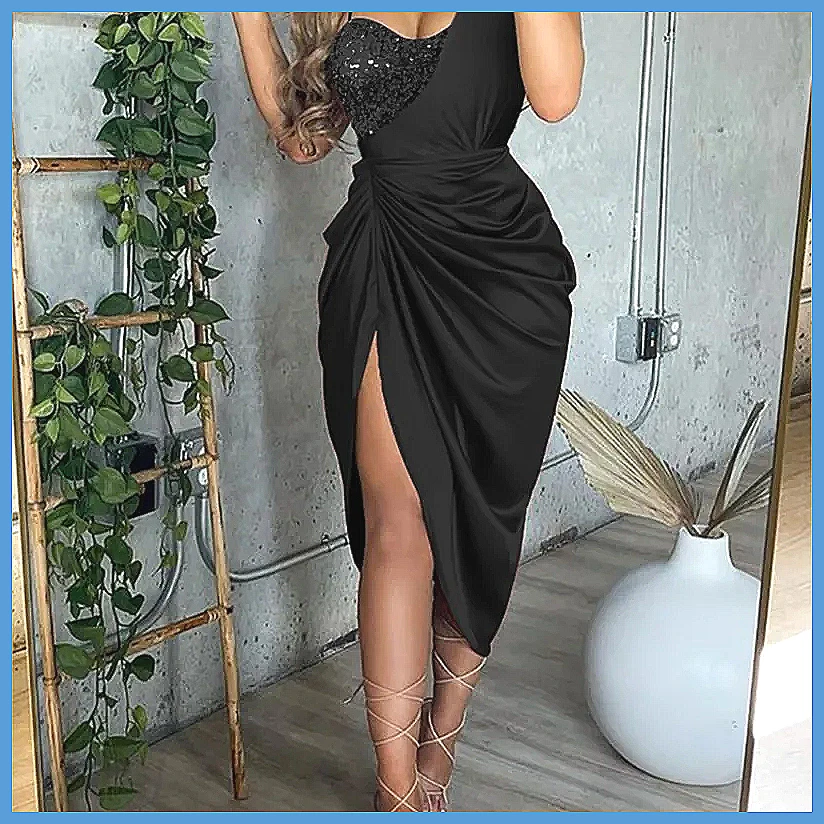 Sequin One Shoulder Slit Long  - огляд і ціна Smocked Dress Women